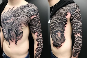 Lion mane hair merged as dragon-scale armour tattoo idea