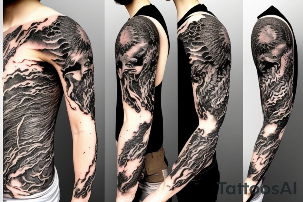 Lion mane hair merged as dragon-scale armour tattoo idea