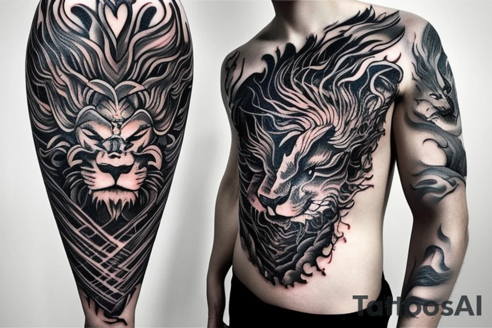 Lion mane hair merged as dragon-scale armour tattoo idea