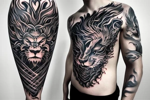 Lion mane hair merged as dragon-scale armour tattoo idea