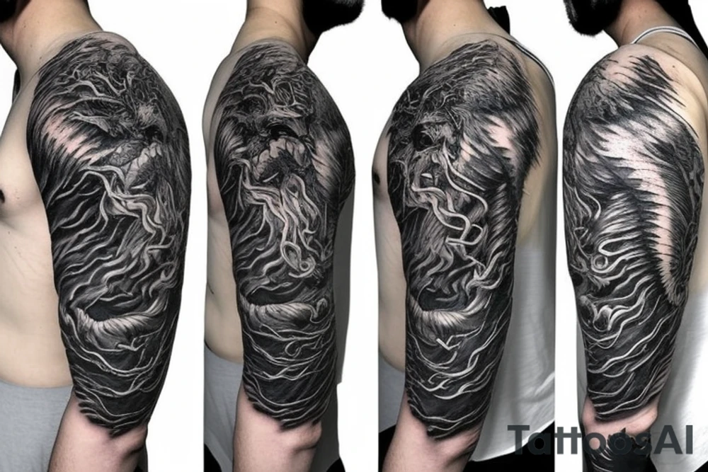 Lion mane hair merged as dragon-scale armour tattoo idea