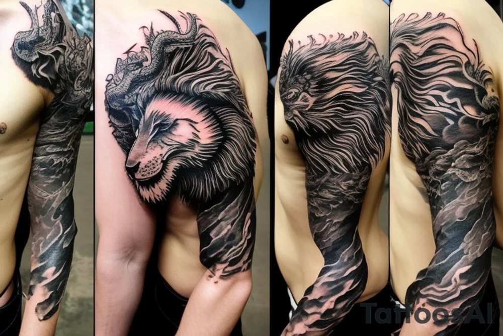 Lion mane hair merged as dragon-scale armour tattoo idea