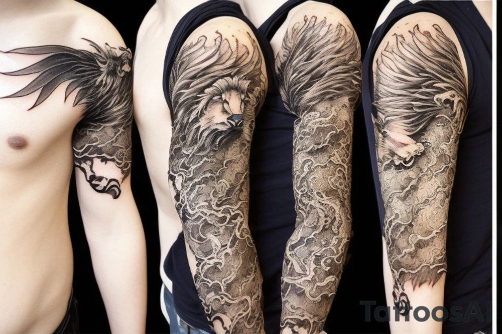 Lion mane hair merged as dragon-scale armour tattoo idea