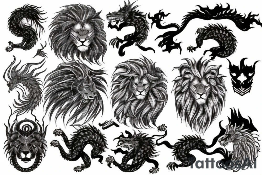 Lion mane hair merged as dragon-scale armour tattoo idea