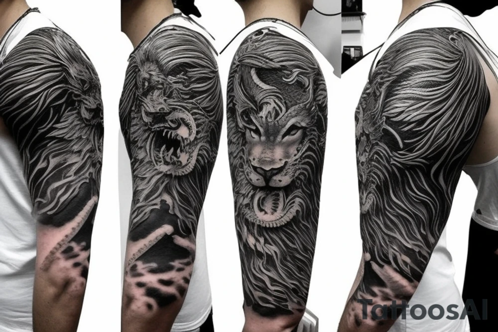 Lion mane hair merged as dragon-scale armour tattoo idea
