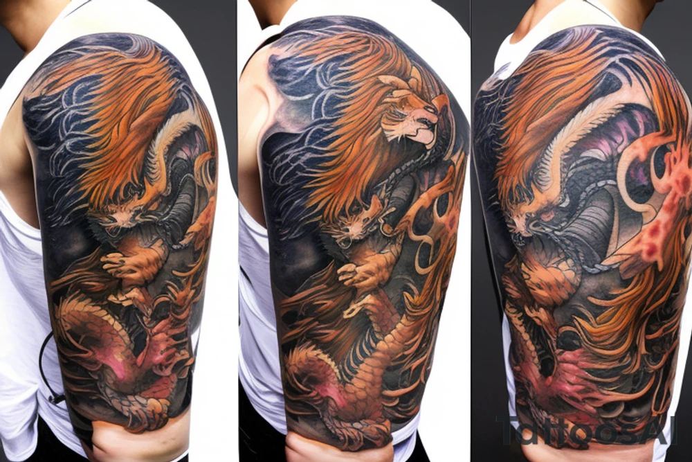 Lion mane hair merged as dragon-scale armour tattoo idea