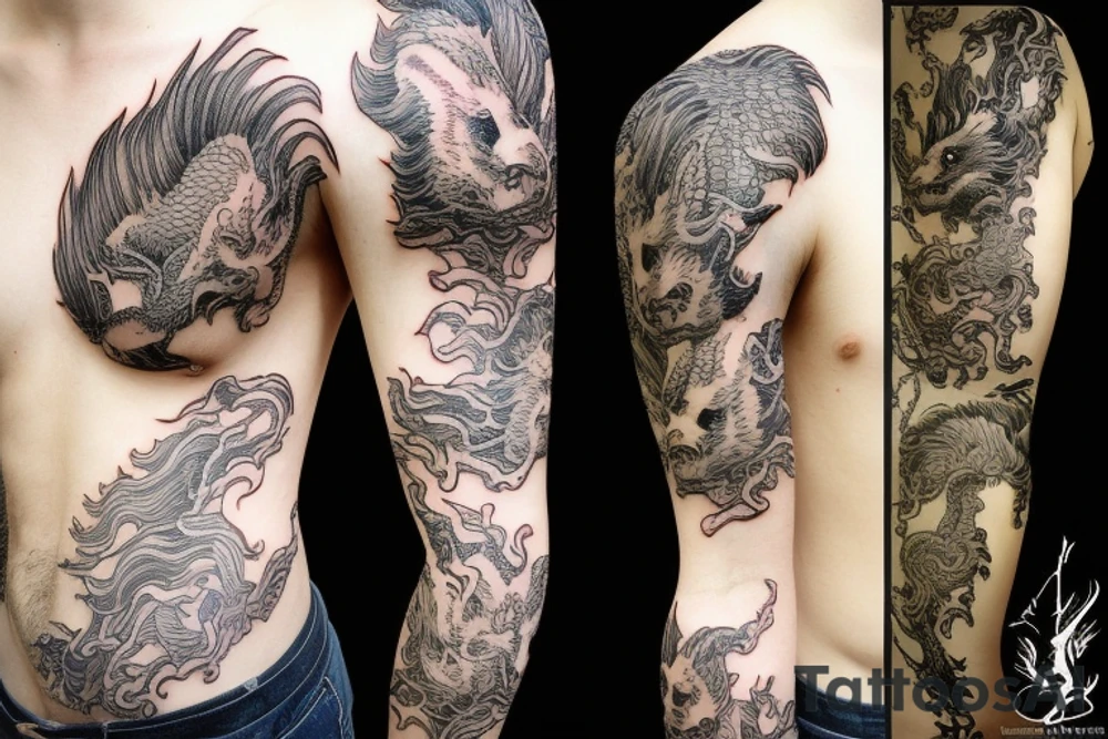 Lion mane hair merged as dragon-scale armour tattoo idea