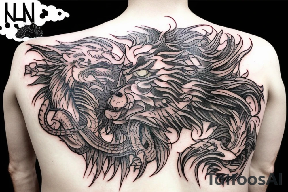 Lion mane hair merged as dragon-scale armour tattoo idea