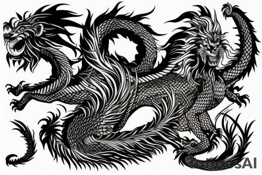 Lion mane hair merged as dragon-scale armour tattoo idea