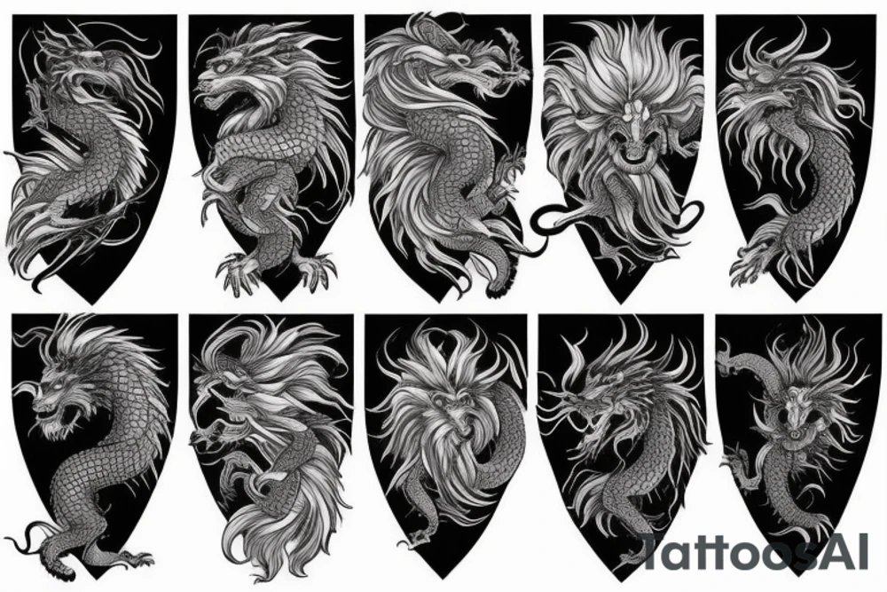 Lion mane hair merged as dragon-scale armour tattoo idea