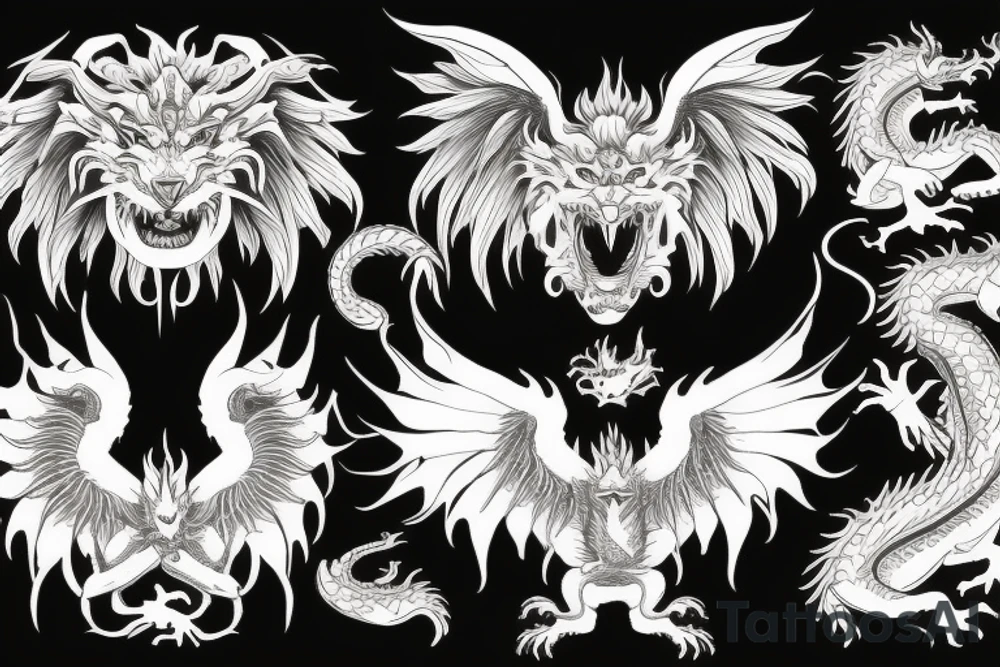 lion dragon shaaman pegusus
 mystical
 lions mane
dragons wings
dragons feet tattoo idea
