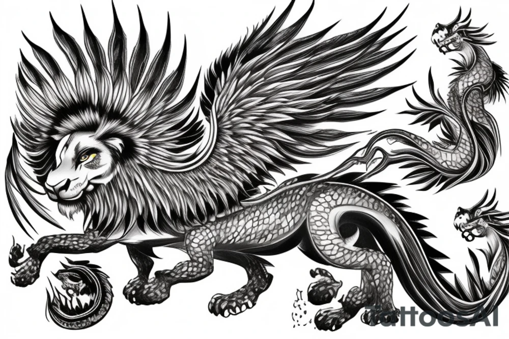 lion dragon shaman pegasus
 mystical
 lions mane
dragons wings
dragons feet tattoo idea