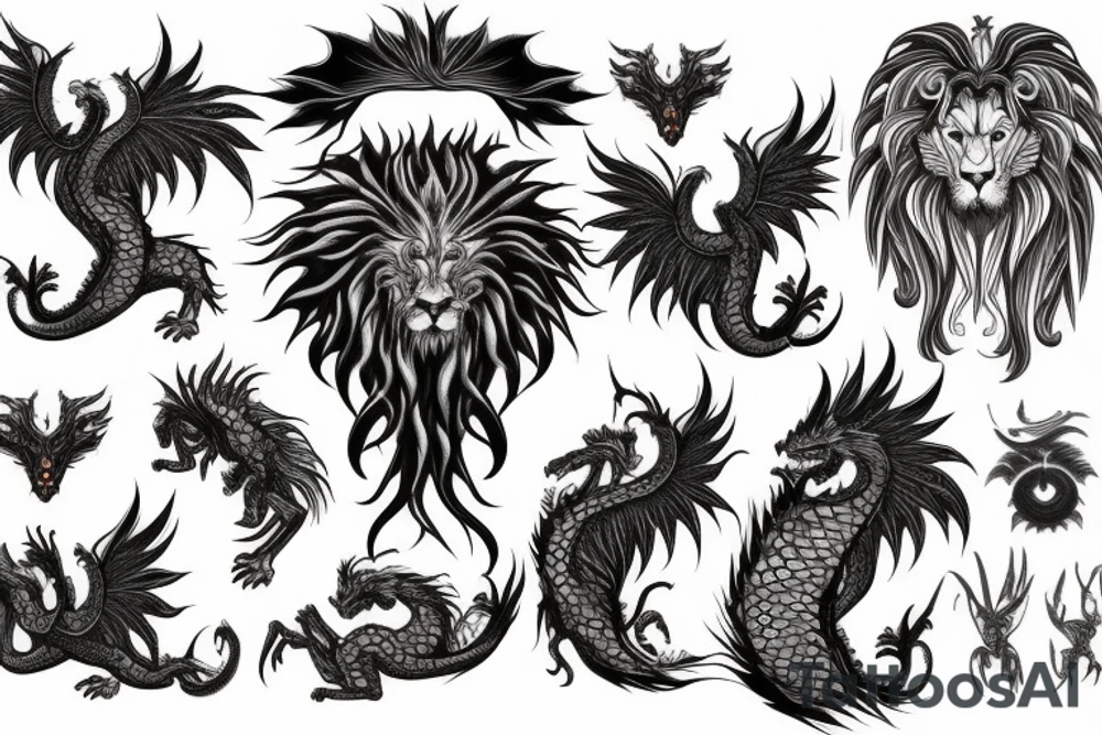 lion dragon shaman pegasus
 mystical
 lions mane
dragons wings
dragons feet
abstract negative space
dark tattoo idea