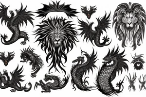 lion dragon shaman pegasus
 mystical
 lions mane
dragons wings
dragons feet
abstract negative space
dark tattoo idea