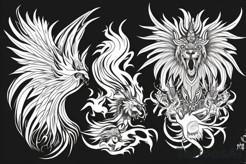 lion dragon shaman pegasus
 mystical
 lions mane
dragons wings
dragons feet
abstract negative space
dark tattoo idea