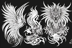 lion dragon shaman pegasus
 mystical
 lions mane
dragons wings
dragons feet
abstract negative space
dark tattoo idea