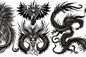lion dragon shaman pegasus
 mystical
 lions mane
dragons wings
dragons feet
abstract negative space
dark tattoo idea
