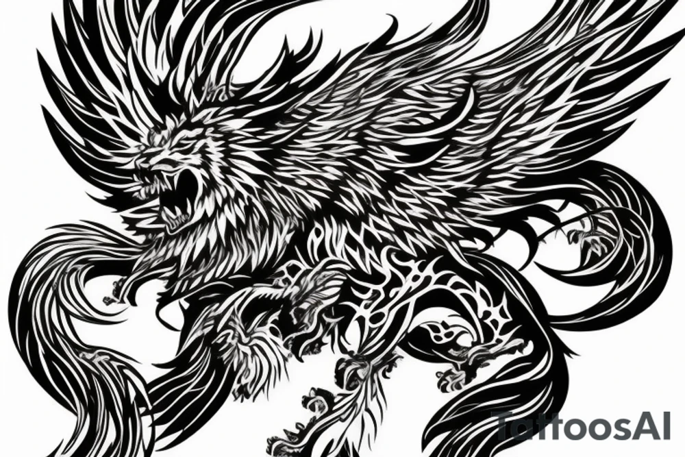 lion dragon shaman pegasus
 mystical
 lions mane
dragons wings
dragons feet
abstract negative space
dark tattoo idea