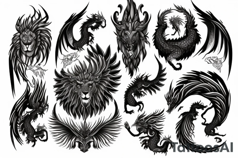lion dragon shaman pegasus
 mystical
 lions mane
dragons wings
dragons feet
abstract negative space
dark
hallucinogenic tattoo idea