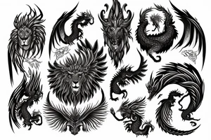 lion dragon shaman pegasus
 mystical
 lions mane
dragons wings
dragons feet
abstract negative space
dark
hallucinogenic tattoo idea
