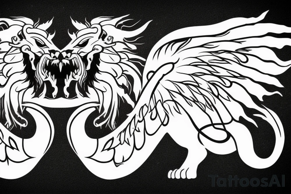 lion dragon shaman pegasus
 mystical
 lions mane
dragons wings
dragons feet
abstract negative space
dark
hallucinogenic tattoo idea