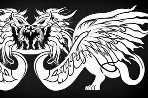 lion dragon shaman pegasus
 mystical
 lions mane
dragons wings
dragons feet
abstract negative space
dark
hallucinogenic tattoo idea