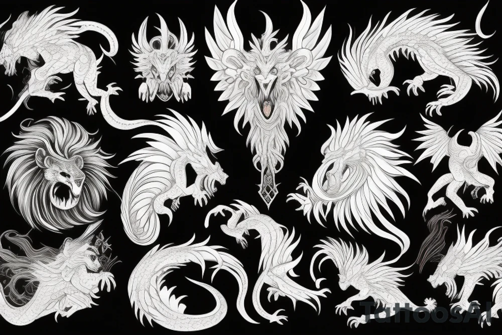 lion dragon shaman pegasus
 mystical
 lions mane
dragons wings
dragons feet
abstract negative space
dark
hallucinogenic tattoo idea