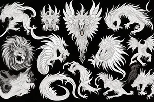 lion dragon shaman pegasus
 mystical
 lions mane
dragons wings
dragons feet
abstract negative space
dark
hallucinogenic tattoo idea