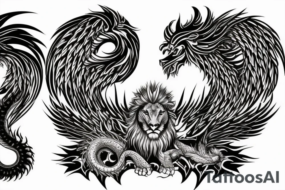 lion dragon shaman pegasus
 mystical
 lions mane
dragons wings
dragons feet
abstract negative space
dark
hallucinogenic tattoo idea