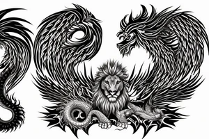 lion dragon shaman pegasus
 mystical
 lions mane
dragons wings
dragons feet
abstract negative space
dark
hallucinogenic tattoo idea