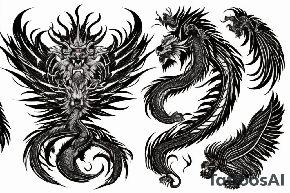 lion dragon shaman pegasus
 mystical
 lions mane
dragons wings
dragons feet
abstract negative space
dark
hallucinogenic tattoo idea