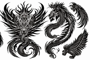 lion dragon shaman pegasus
 mystical
 lions mane
dragons wings
dragons feet
abstract negative space
dark
hallucinogenic tattoo idea