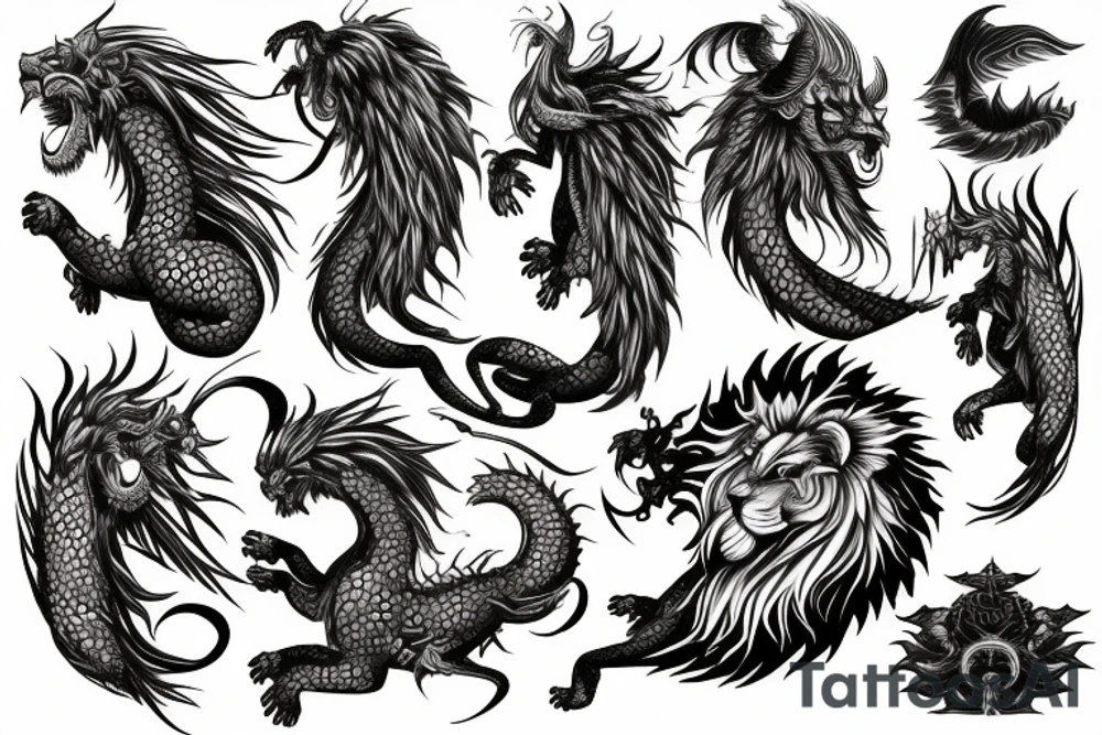 lion dragon shaman pegasus
 mystical
 lions mane
dragons wings
dragons feet
abstract negative space
dark
hallucinogenic tattoo idea
