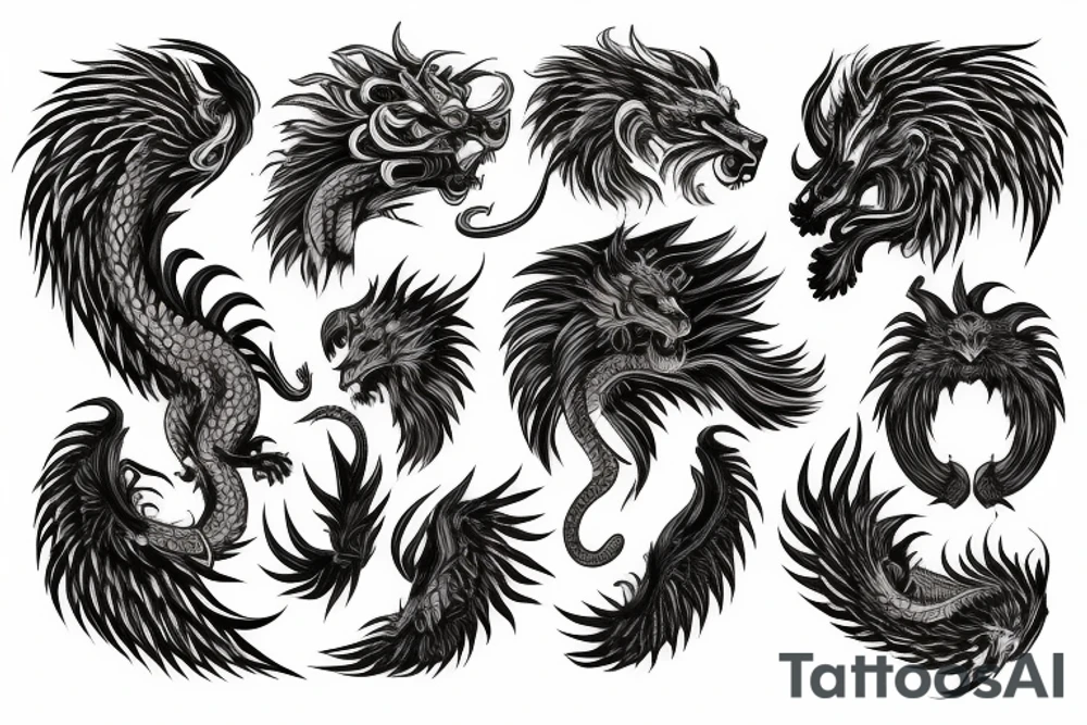 lion dragon shaman pegasus
 mystical
 lions mane
dragons wings
dragons feet
abstract negative space
dark
hallucinogenic tattoo idea