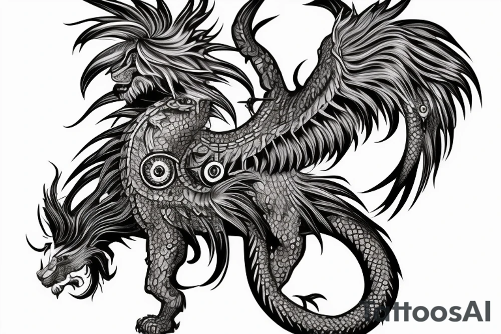 lion dragon shaman pegasus
 mystical
 lions mane
dragons wings
dragons feet
abstract negative space
dark
hallucinogenic tattoo idea