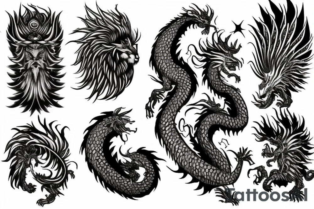 lion dragon shaman pegasus
 mystical
 lions mane
dragons wings
dragons feet
abstract negative space
dark
hallucinogenic tattoo idea