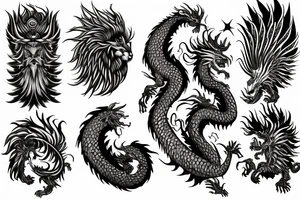 lion dragon shaman pegasus
 mystical
 lions mane
dragons wings
dragons feet
abstract negative space
dark
hallucinogenic tattoo idea