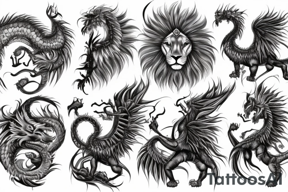 lion dragon shaman pegasus
 mystical
 lions mane
dragons wings
dragons feet
abstract negative space
dark
hallucinogenic tattoo idea