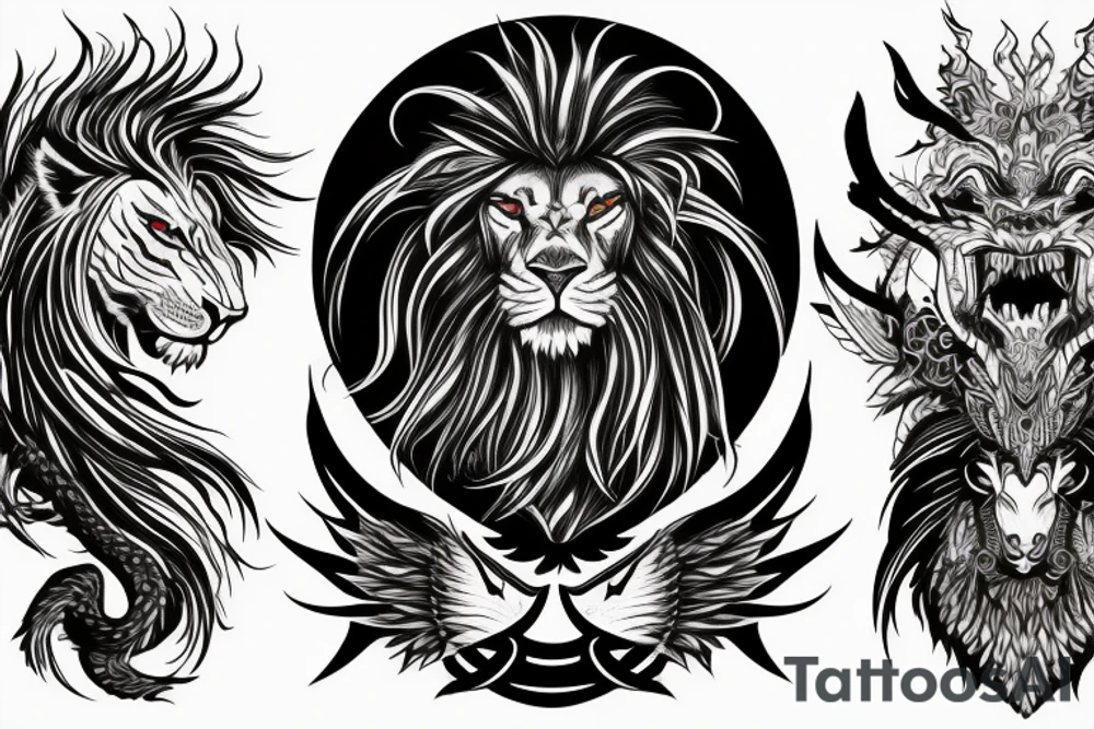lion dragon shaman pegasus
 mystical
 lions mane
dragons wings
dragons feet
abstract negative space
dark
hallucinogenic tattoo idea