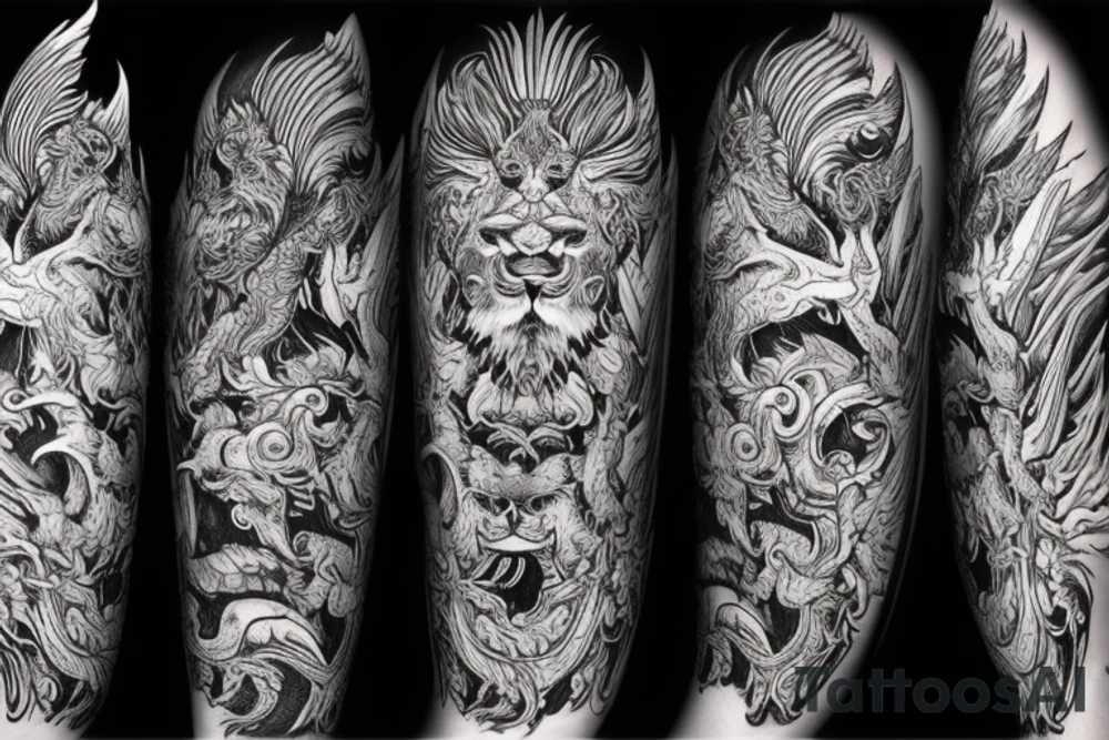 lion dragon shaman pegasus
 mystical
 lions mane
dragons wings
dragons feet
abstract negative space
dark
hallucinogenic tattoo idea
