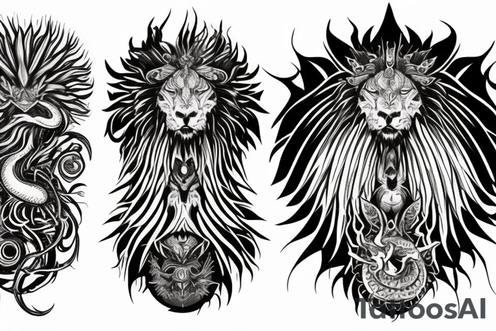 lion dragon shaman pegasus
 mystical
 lions mane
dragons wings
dragons feet
abstract negative space
dark
hallucinogenic tattoo idea