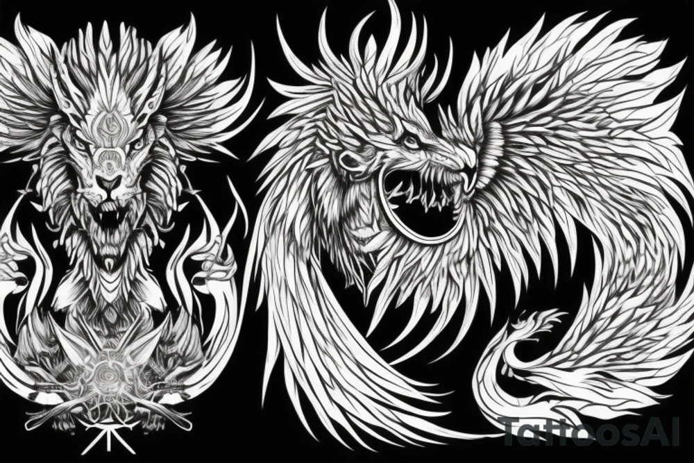 lion dragon shaman pegasus
 mystical
 lions mane
dragons wings
dragons feet
abstract negative space
dark
hallucinogenic tattoo idea