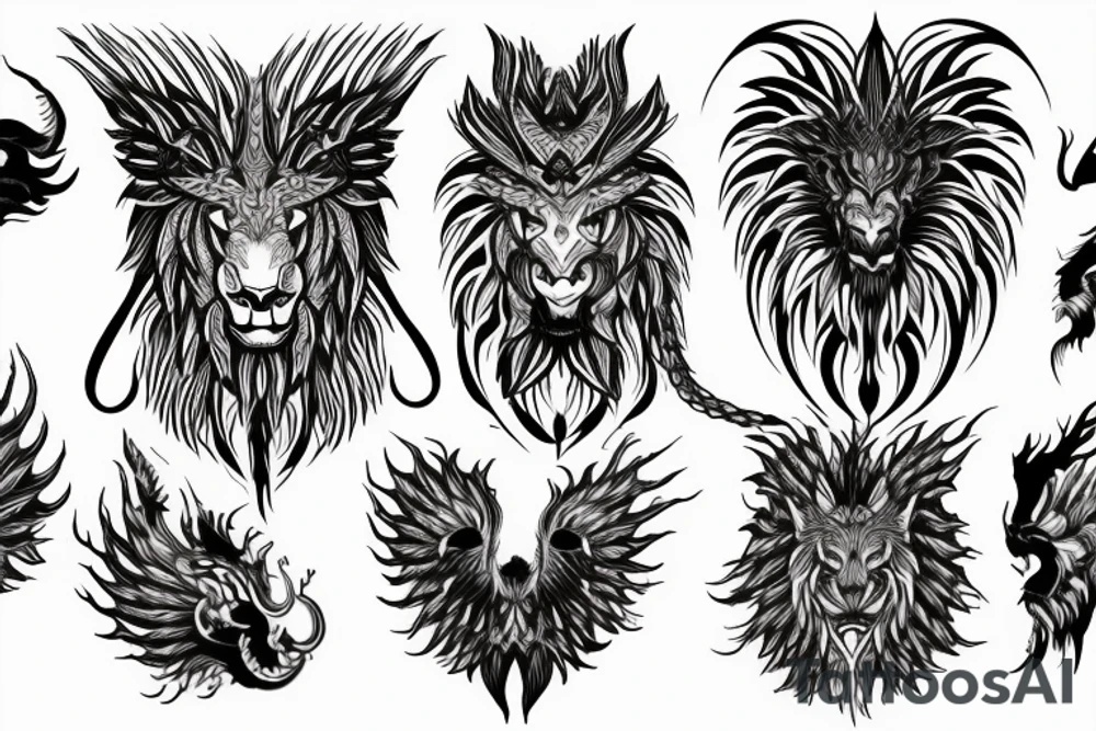 lion dragon shaman pegasus
 mystical
 lions mane
dragons wings
dragons feet
abstract negative space
dark
hallucinogenic tattoo idea