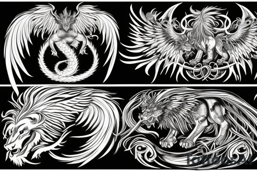 lion dragon shaman pegasus
 mystical
 lions mane
dragons wings
dragons feet
abstract negative space
dark
hallucinogenic tattoo idea