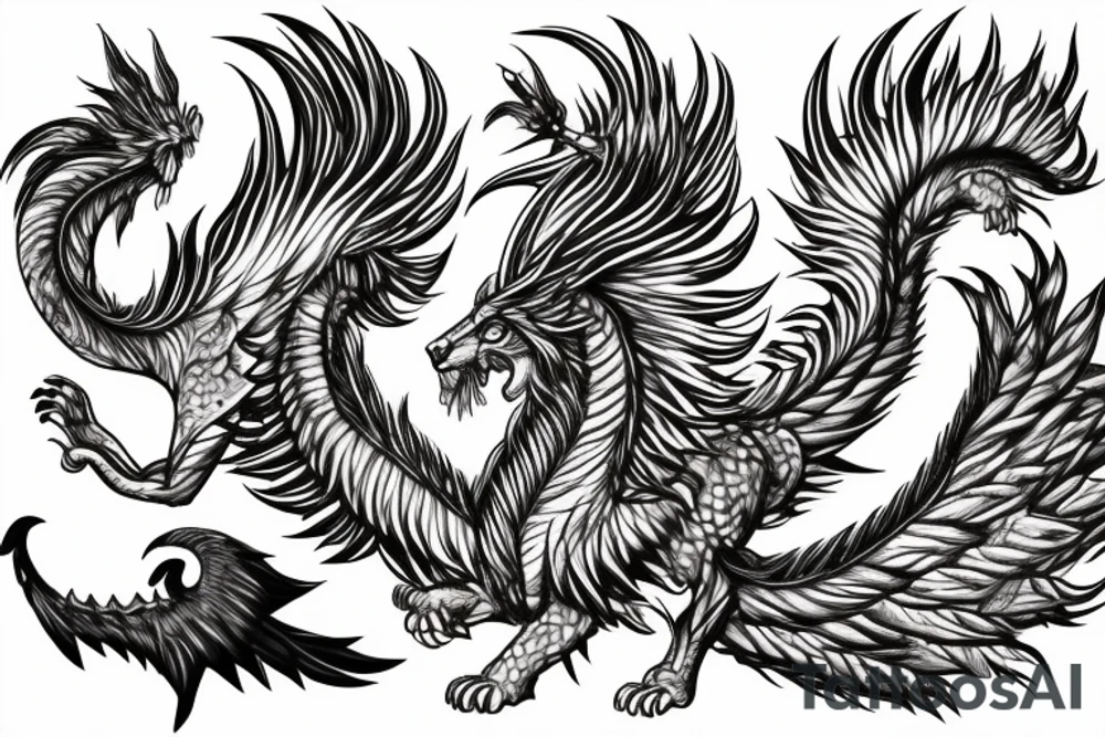 lion dragon shaman pegasus
 mystical
 lions mane
dragons wings
dragons feet
abstract negative space
dark
hallucinogenic tattoo idea