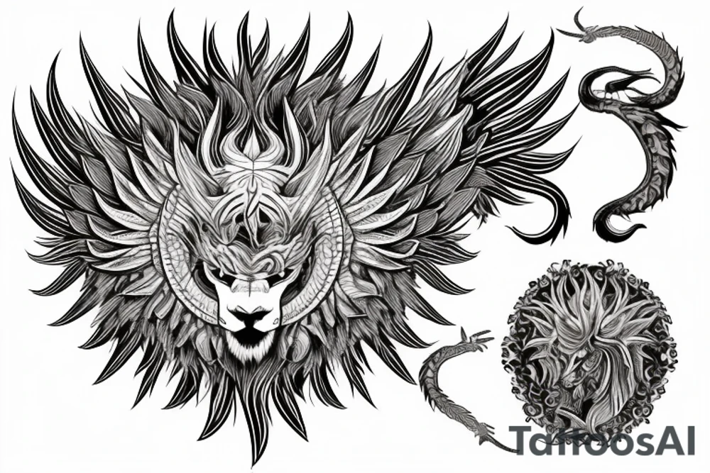 lion dragon shaman pegasus
 mystical
 lions mane
dragons wings
dragons feet
abstract negative space
dark
hallucinogenic tattoo idea