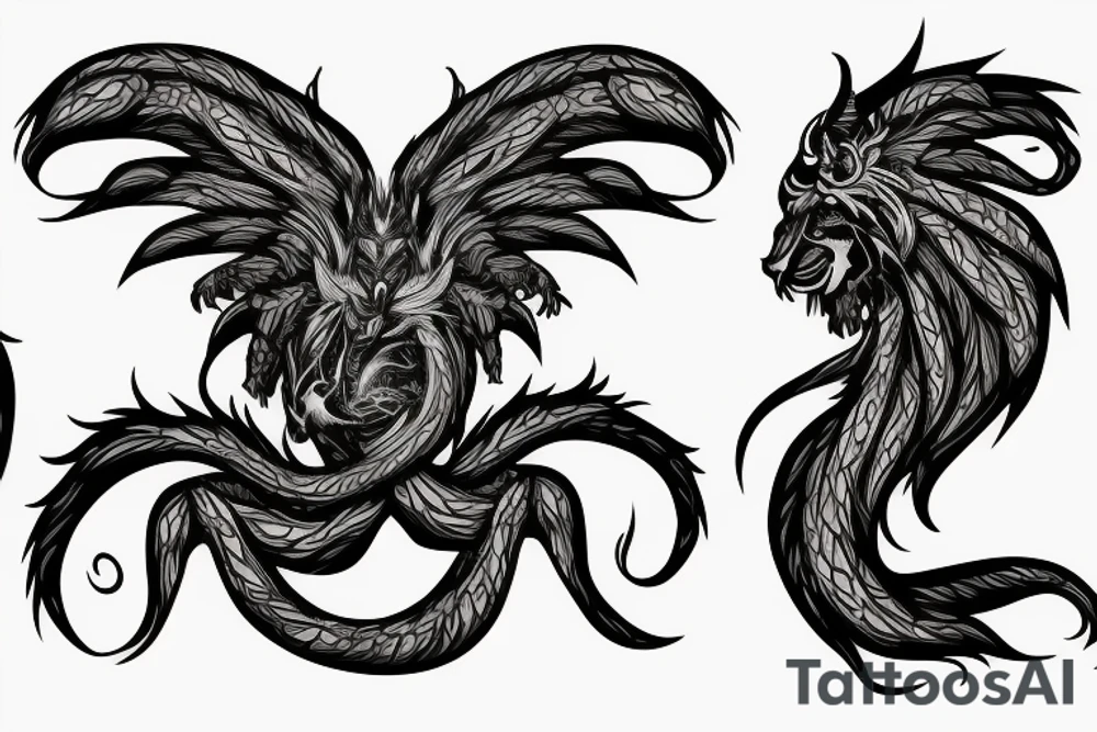 lion dragon shaman pegasus
 mystical
 lions mane
dragons wings
dragons feet
abstract negative space
dark
hallucinogenic tattoo idea