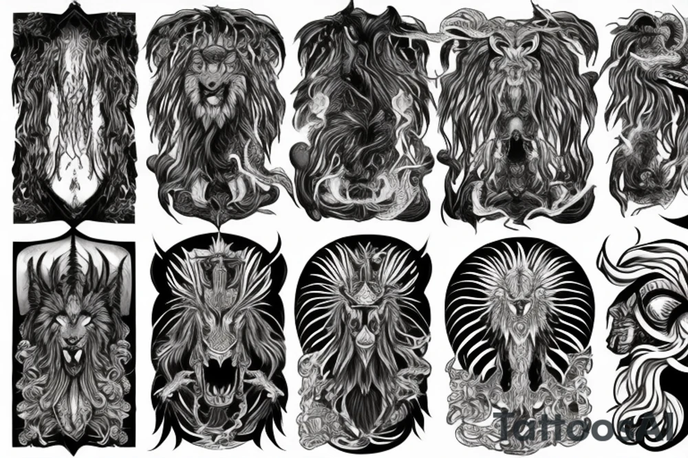 lion dragon shaman pegasus
 mystical
 lions mane
dragons wings
dragons feet
abstract negative space
dark
hallucinogenic tattoo idea