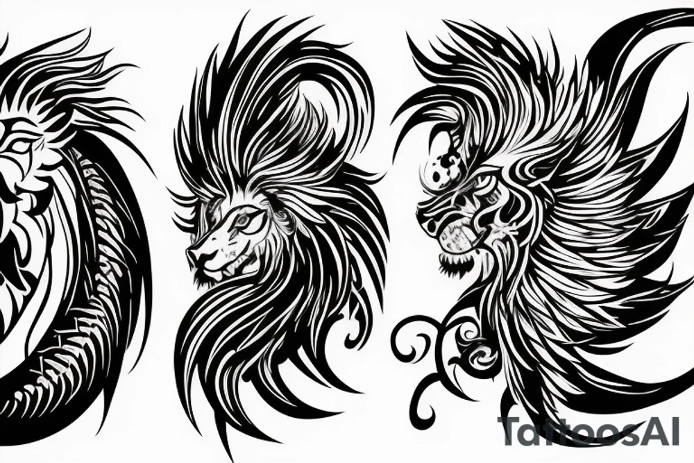 lion dragon shaman pegasus
 mystical
 lions mane
dragons wings
dragons feet
abstract negative space
dark
hallucinogenic tattoo idea