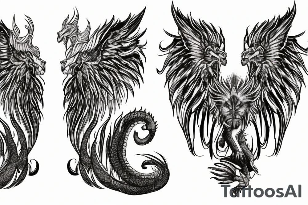 lion dragon shaman pegasus
 mystical
 lions mane
dragons wings
dragons feet
abstract negative space
dark
hallucinogenic tattoo idea